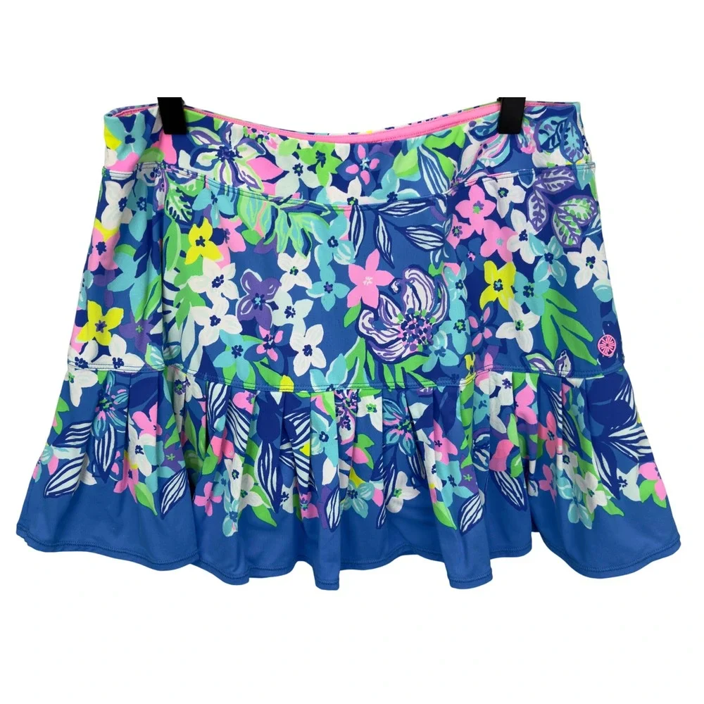 Lilly Pulitzer Luxletic Taye Ruffle Skort Blue Floral Womens Size M Golf Tennis